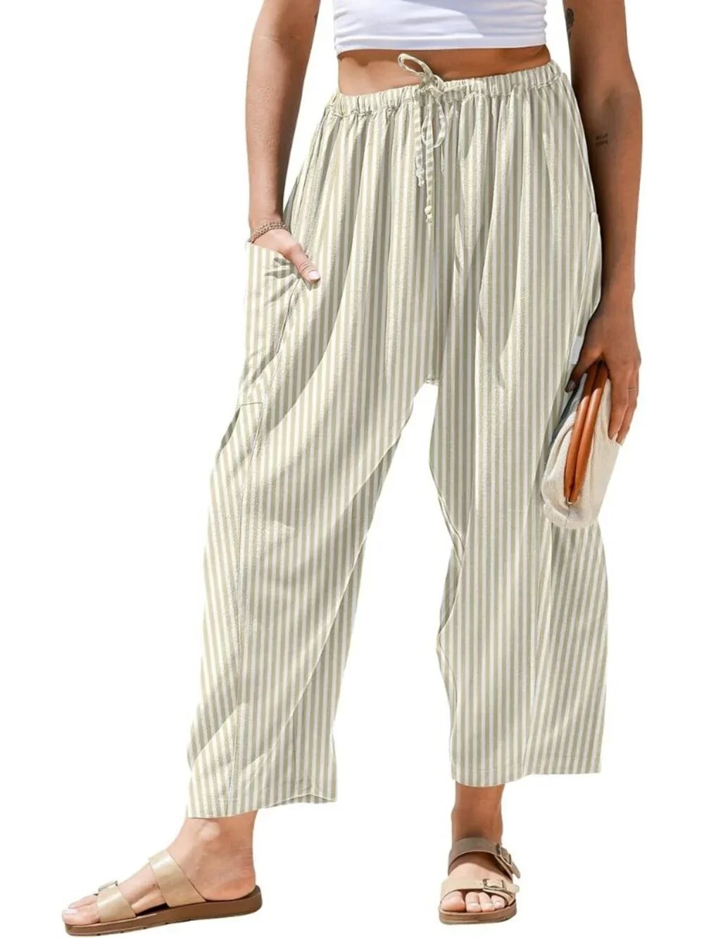 Women's Light Khaki Linen Wide Leg Striped Palazzo Harem Walking Holiday Pants